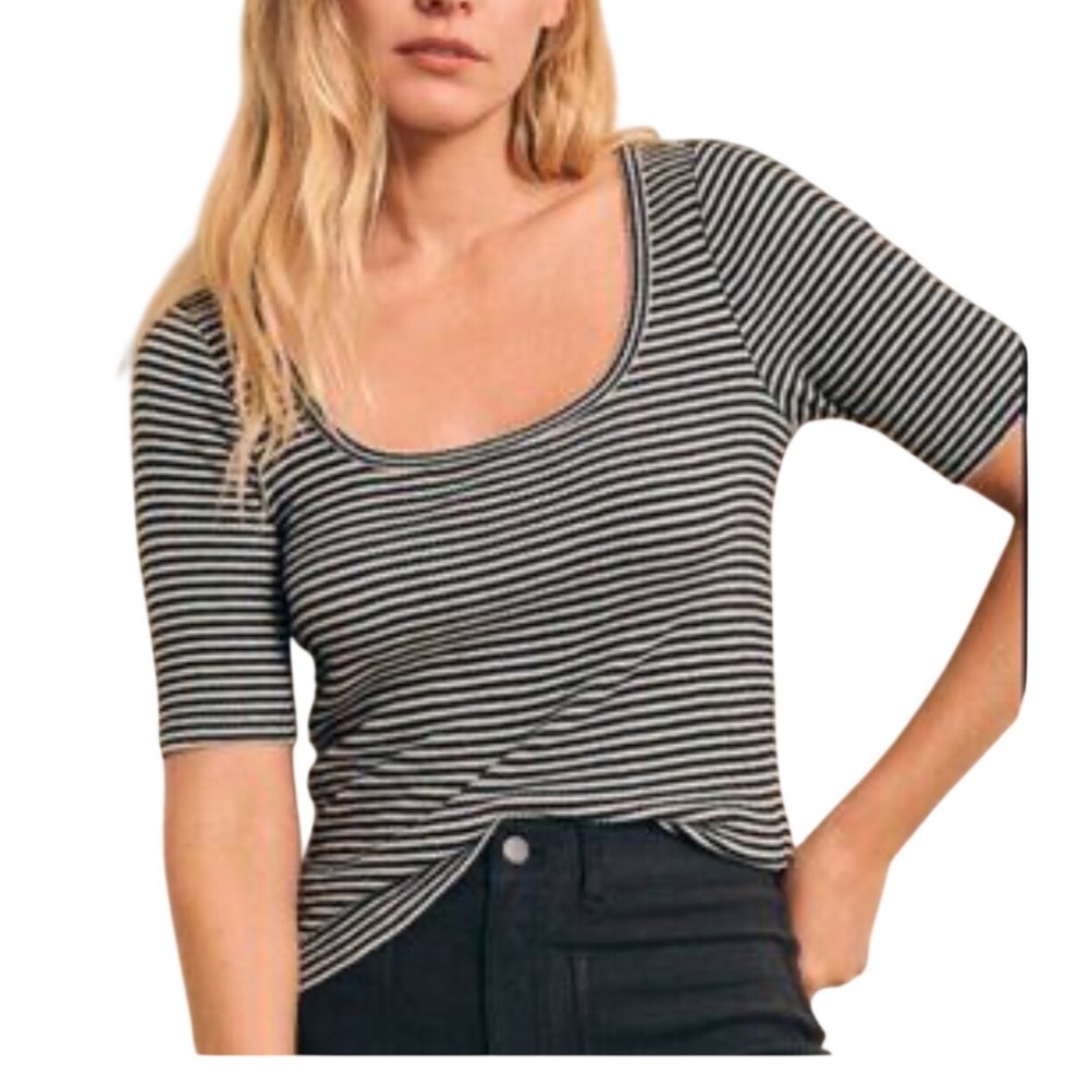 Faherty Legend Rib Tee XS Black White Stripe Scoop Neck Short Sleeve
